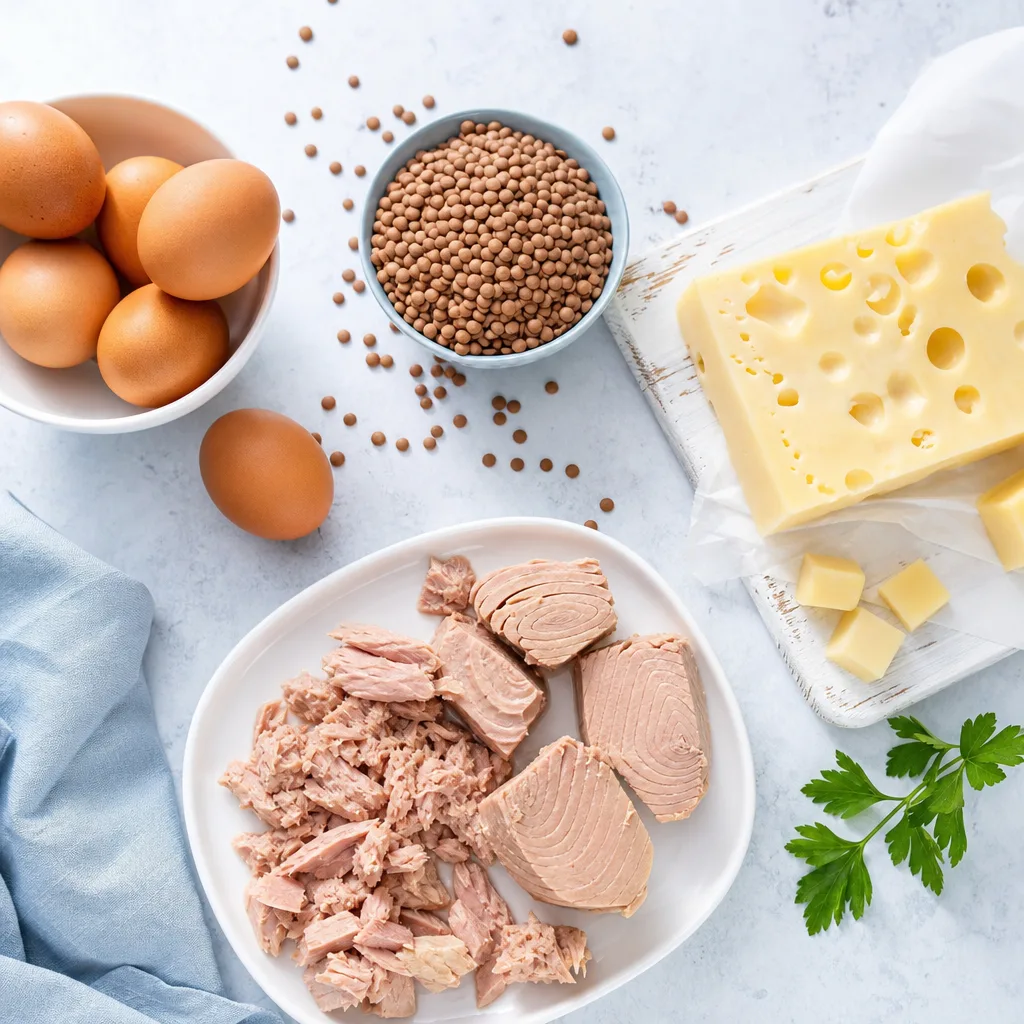 overhead flat lay of tuna, cheese, lentils and eggs arranged on a light stone surface