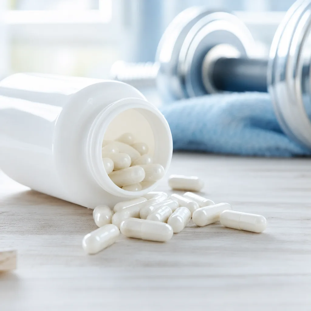 capsules of amino acid supplement spilling out of a bottle onto a light wooden table