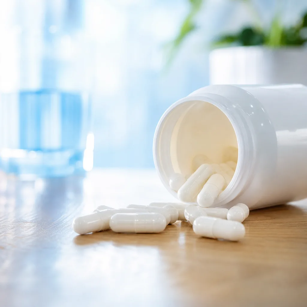 white capsules spilling out of an open bottle onto a wooden table
