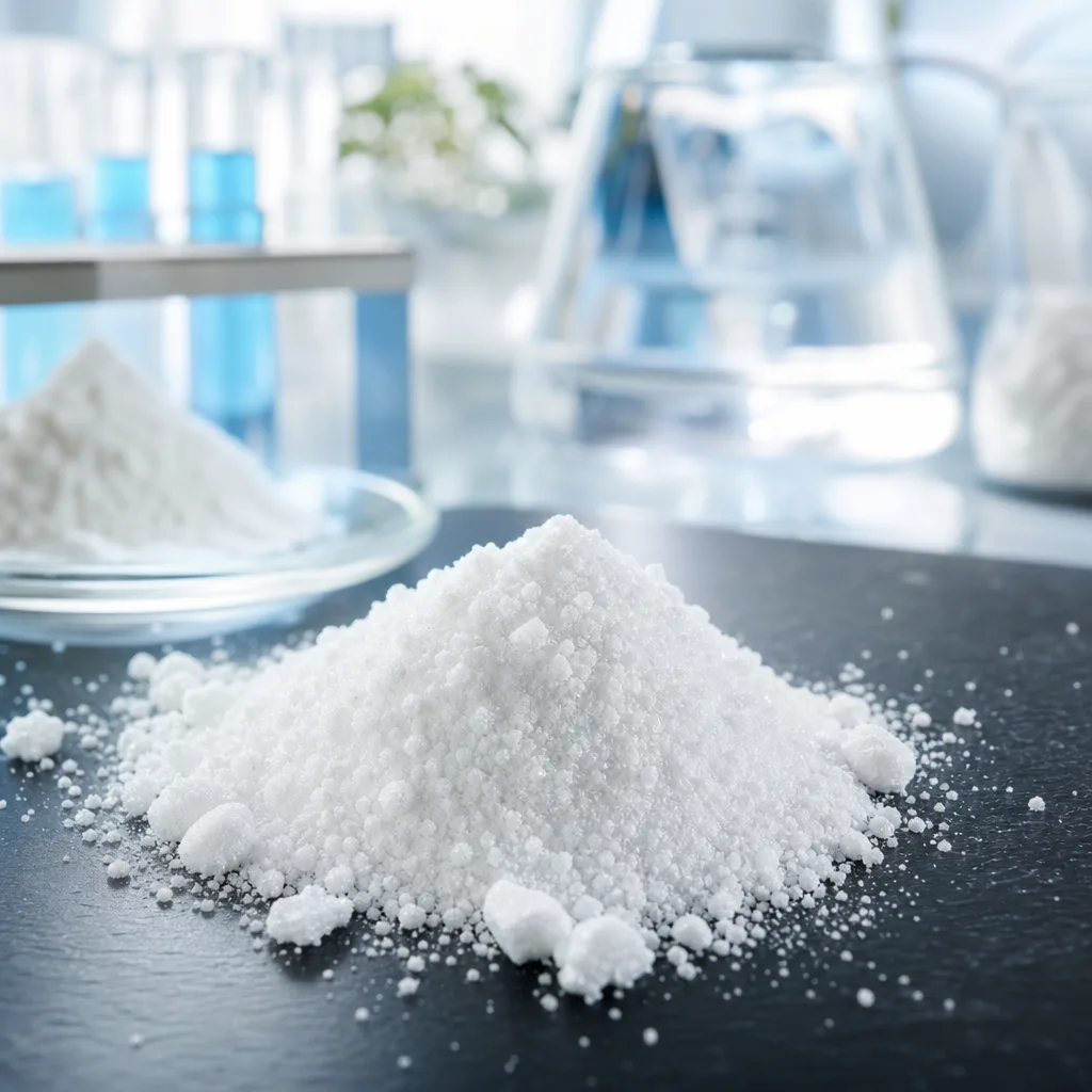 scientific looking close-up of white crystalline powder on a dark laboratory surface