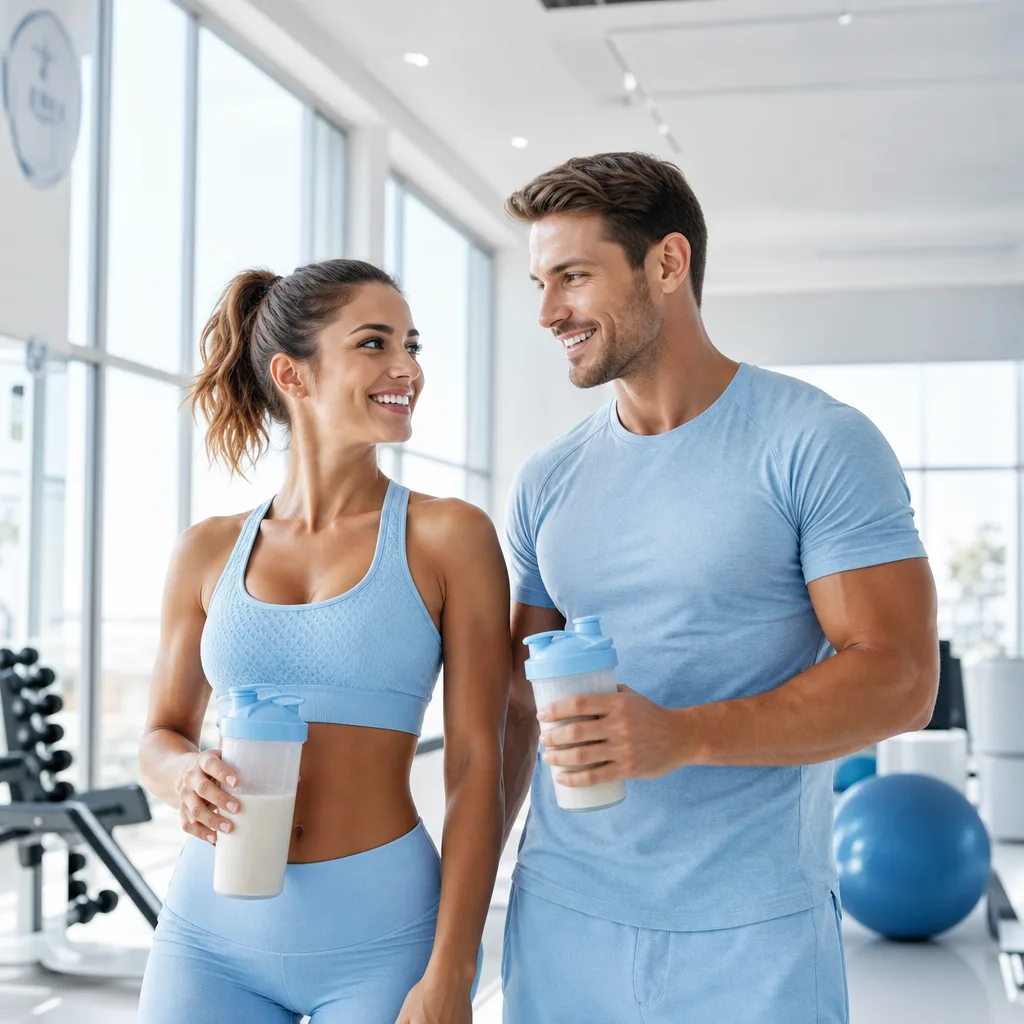 Athletic smiling woman and man in light blue sportswear holding protein shakers in a bright airy gym with large windows, glossy commercial photography