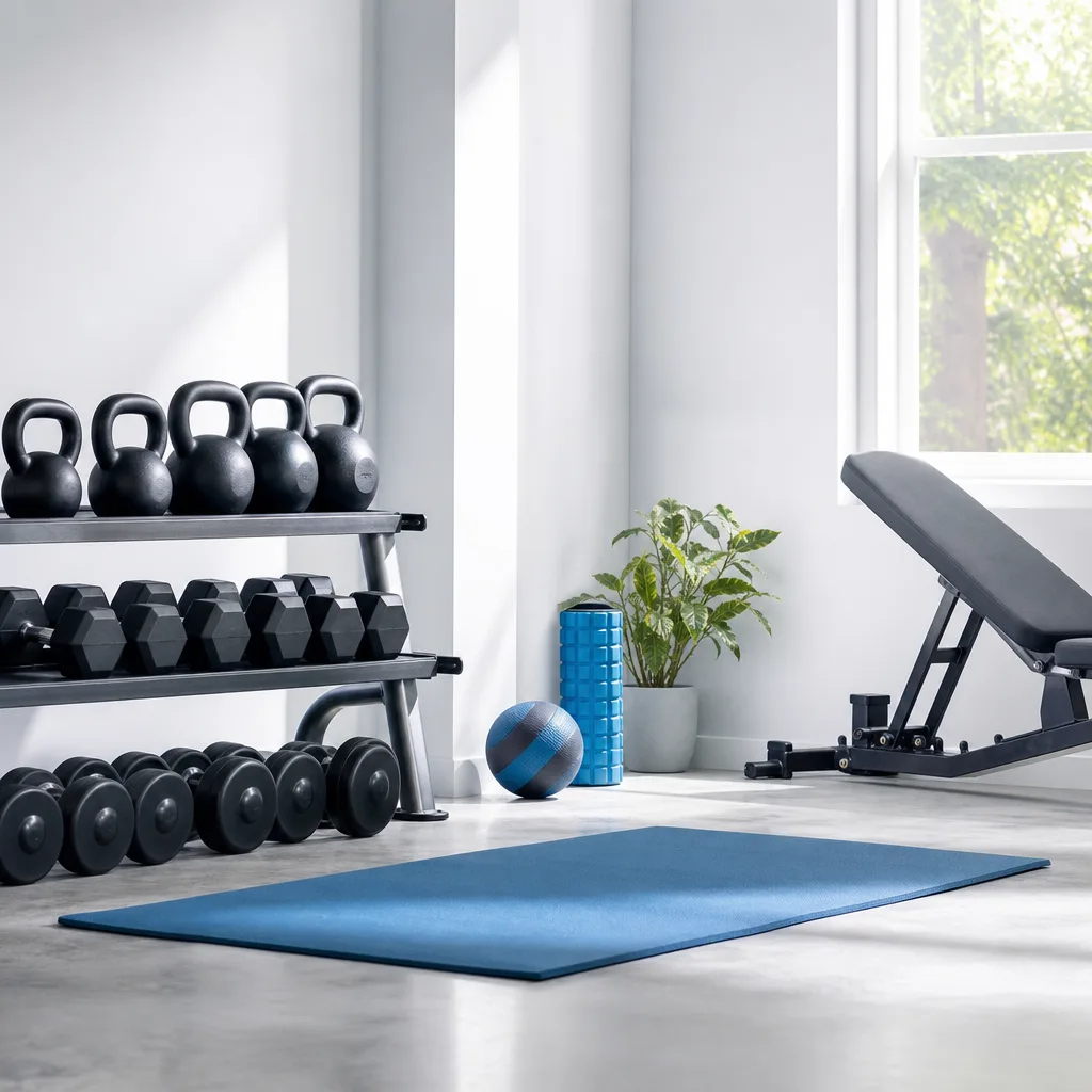 Bright home gym corner with kettlebells, dumbbells and a yoga mat arranged neatly against a wall