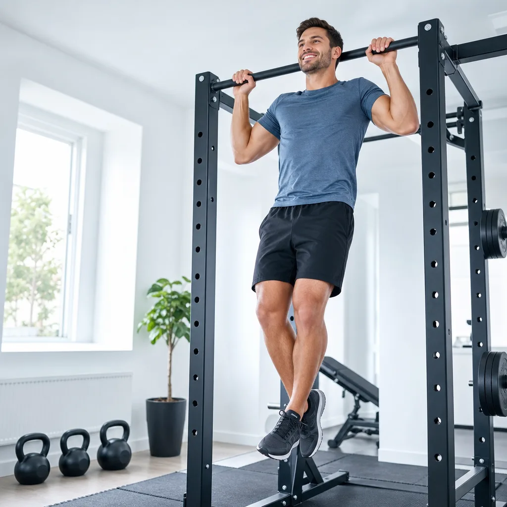 Smiling man doing a pull up in a small bright home gym with kettlebells on the floor