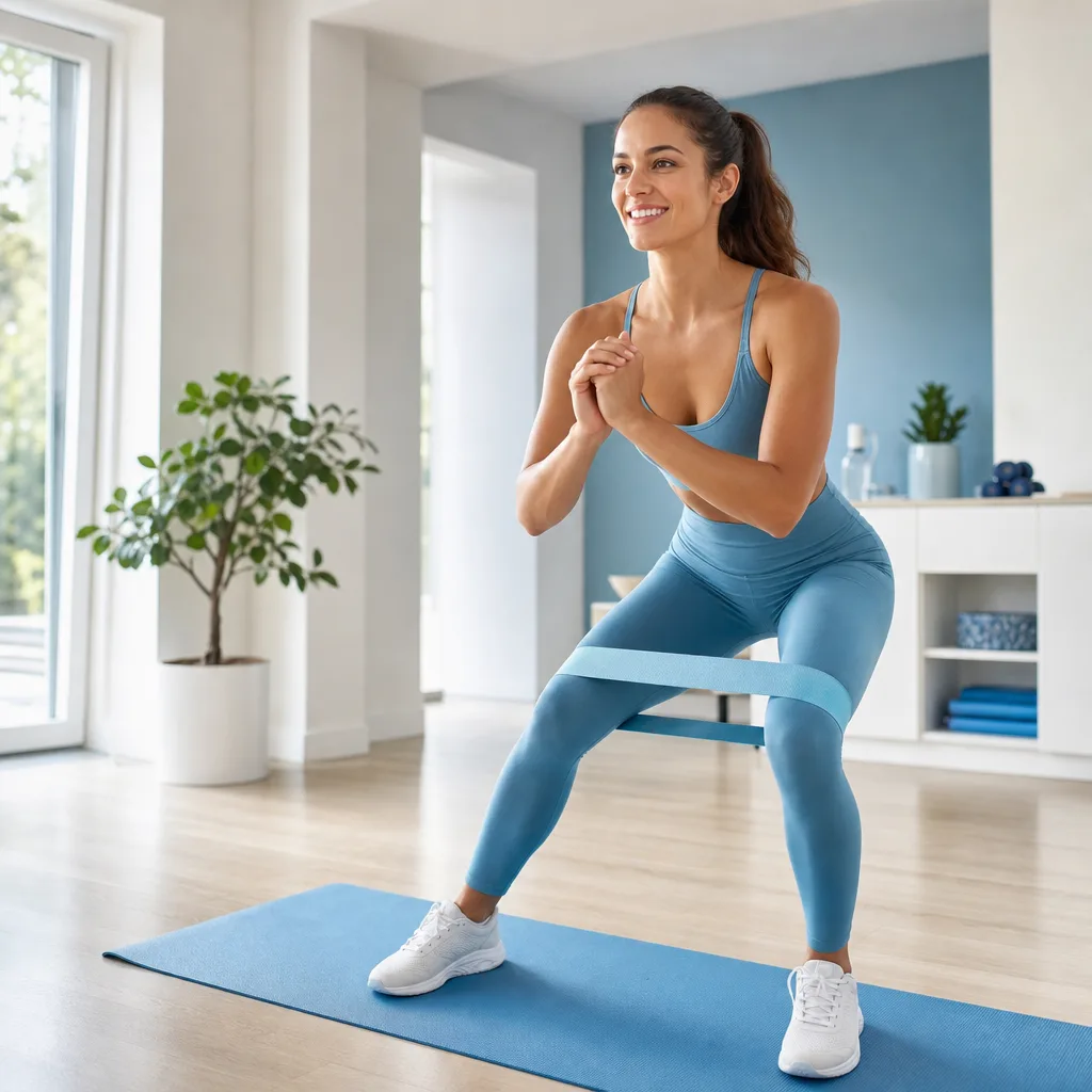 Smiling woman in sportswear using resistance bands for a home workout in a bright room