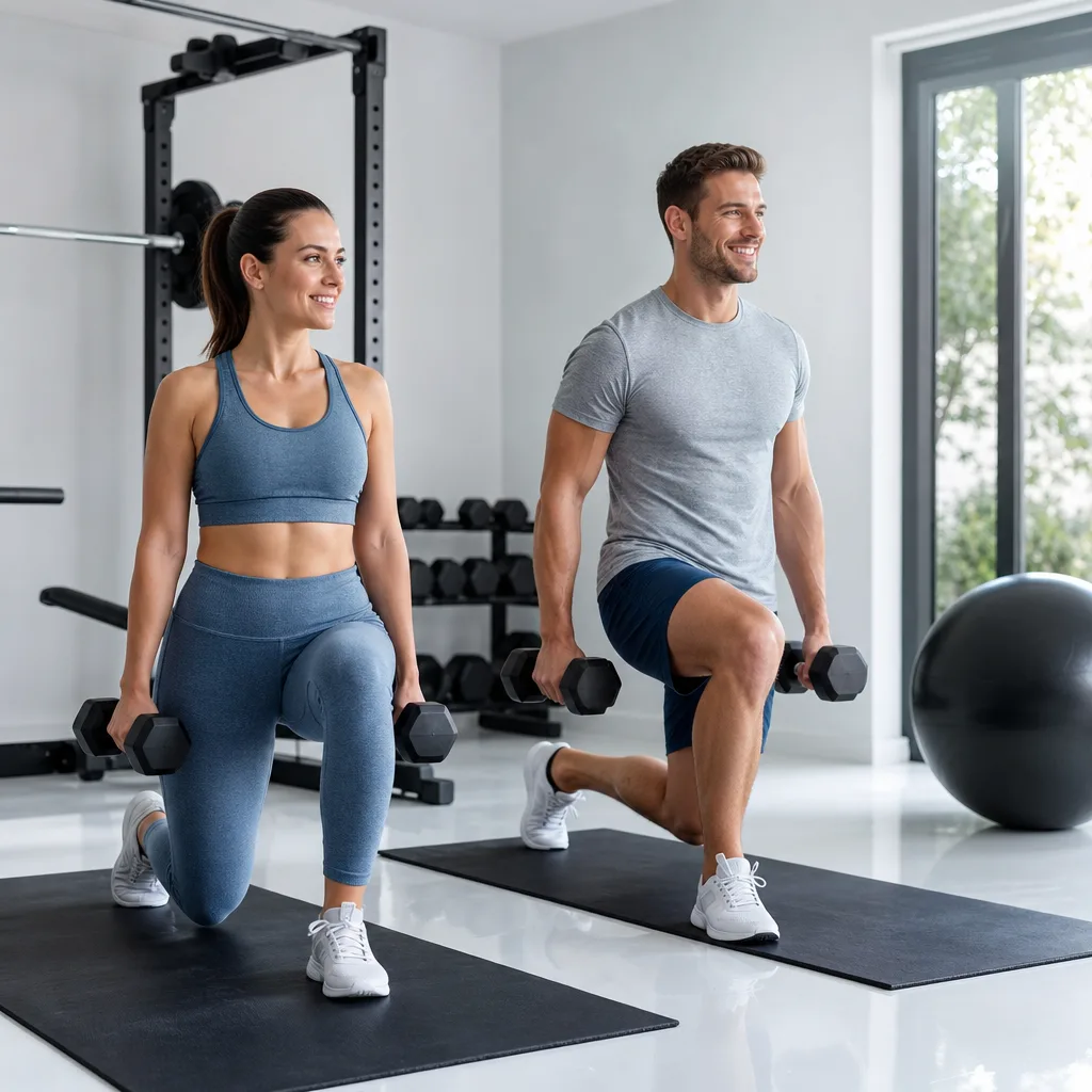 Smiling couple in sportswear training together with dumbbells in a bright home gym corner
