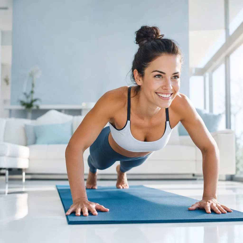 smiling woman in athletic wear doing push ups on a yoga mat in a bright living room