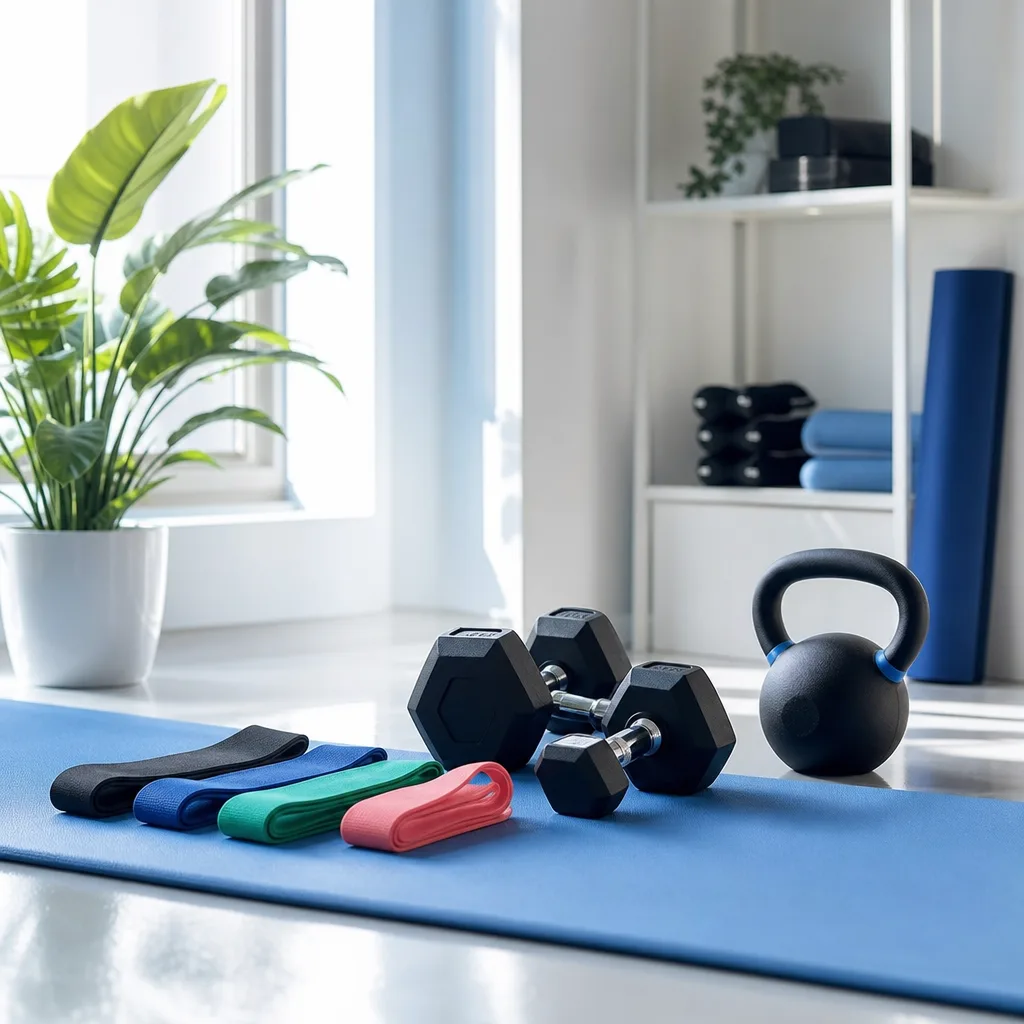 bright home gym setup with resistance bands, a set of dumbbells and a kettlebell arranged on a mat