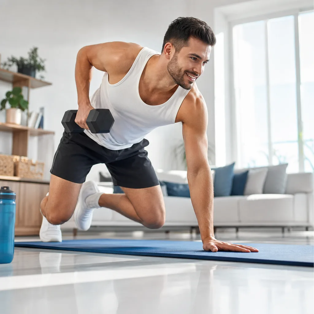 athletic smiling man doing dumbbell rows in a bright home living room with a workout mat