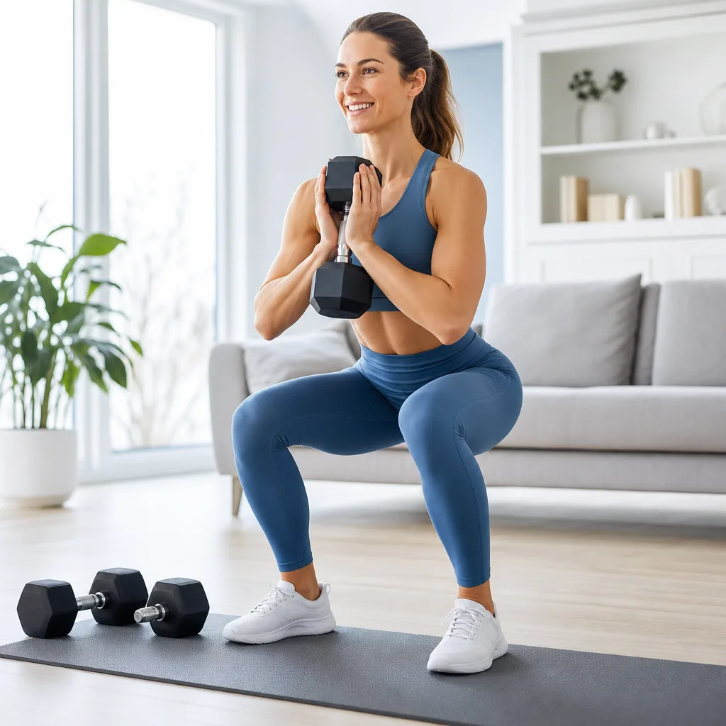 Athletic smiling woman doing a goblet squat with a dumbbell in a bright living room