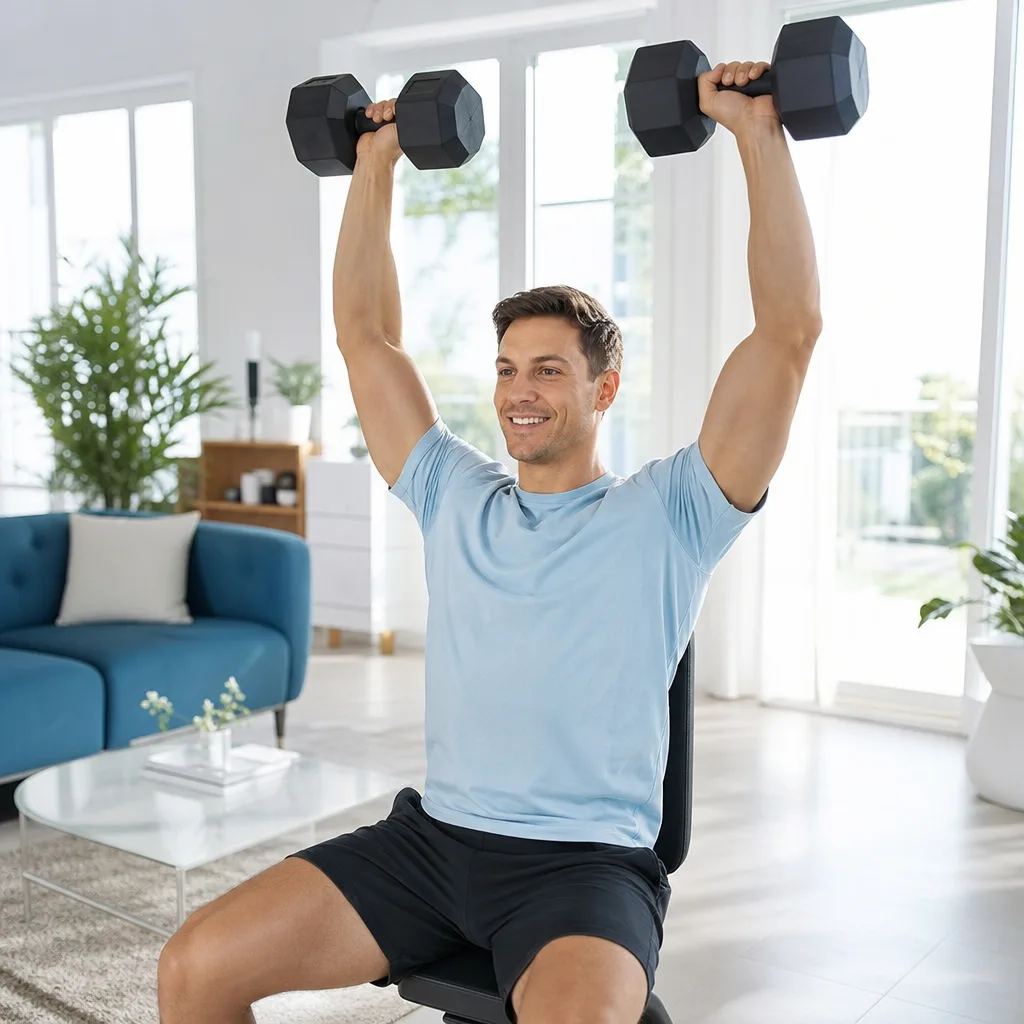 Smiling man performing a dumbbell shoulder press in a bright living room with large windows