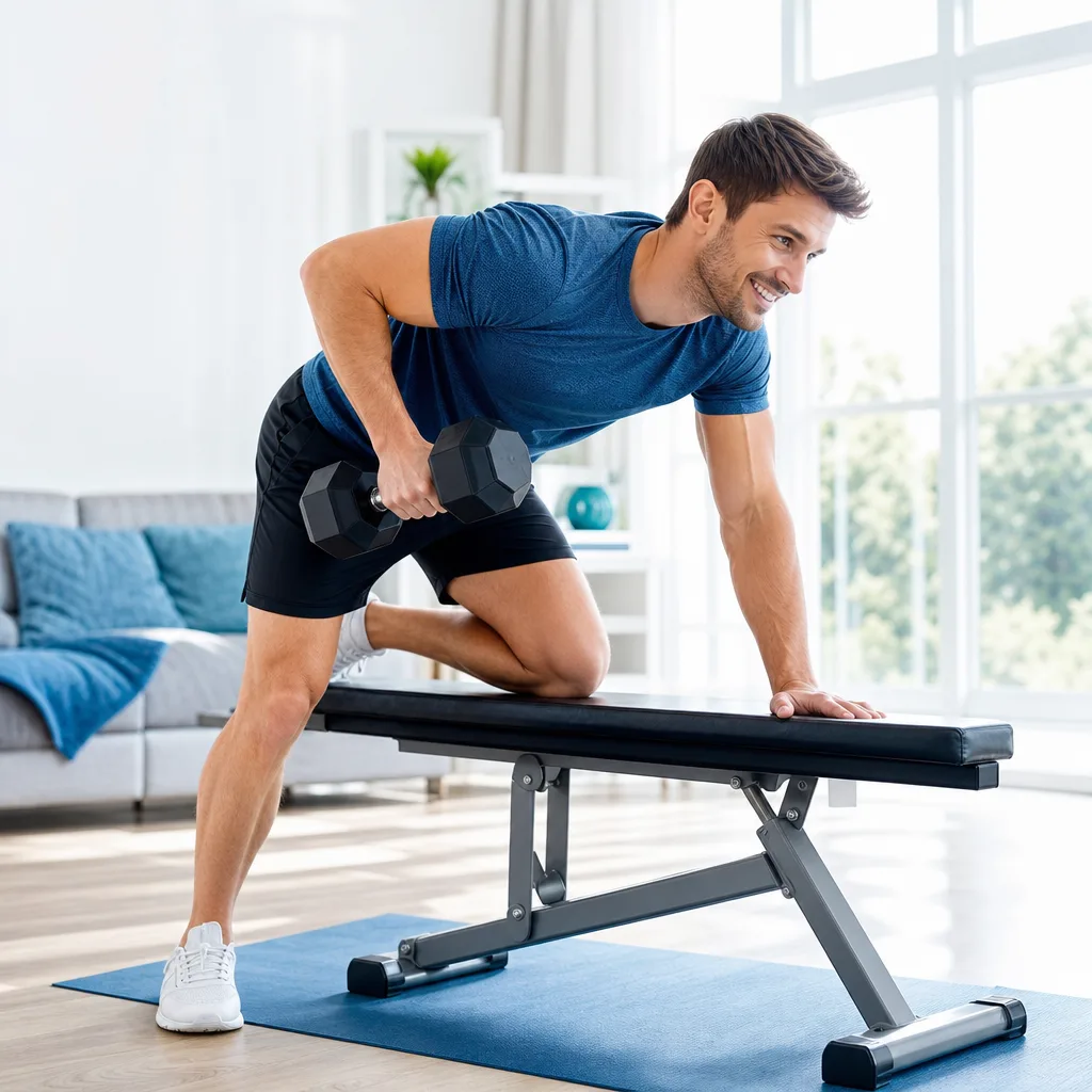 Smiling man performing a dumbbell row exercise in a bright living room with large windows