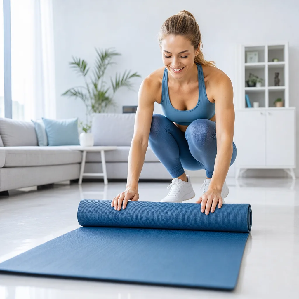 Smiling woman rolling out a yoga mat in a bright living room before a home workout