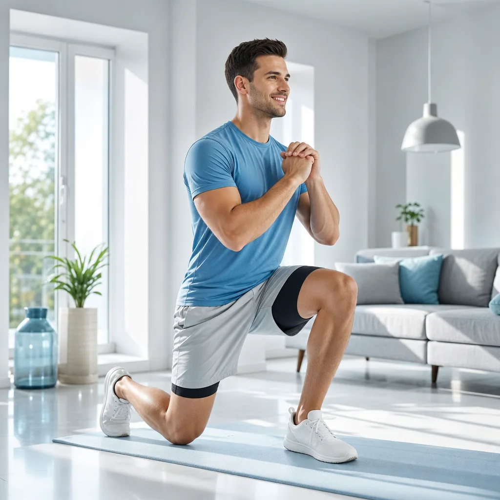 Smiling man in sportswear performing a lunge exercise in a bright living room with natural light
