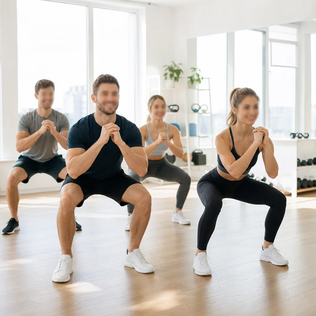 Group of smiling people doing bodyweight squats together in a bright home gym setting