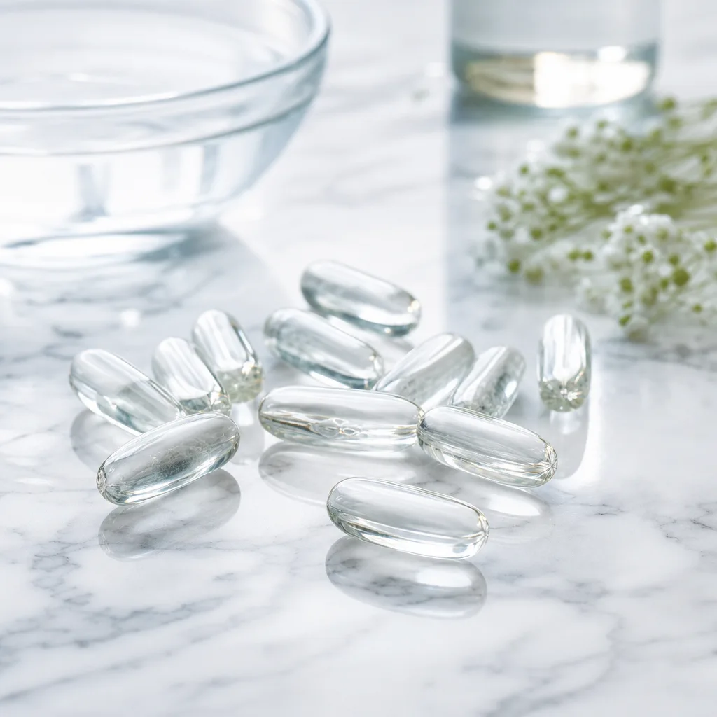 clear gel capsules on a marble surface with soft studio lighting