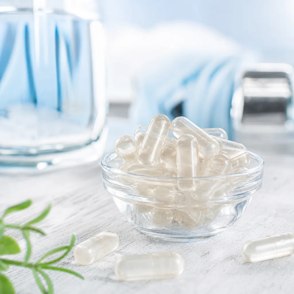 still life of transparent capsules in a small glass bowl on light wood