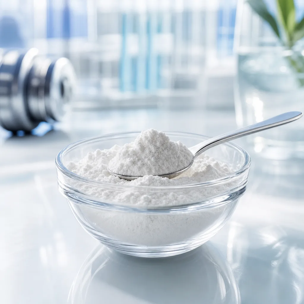 white amino acid powder in a small glass bowl with a metal spoon, soft studio light