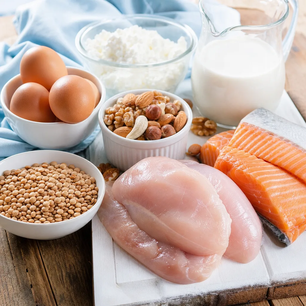 flat lay of protein rich foods, eggs, chicken breast, lentils, nuts and fish on a wooden table