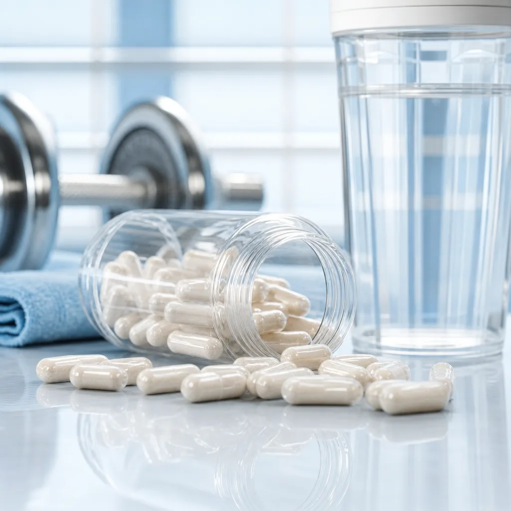 clear bcaa capsules on dark wood surface with soft directional light