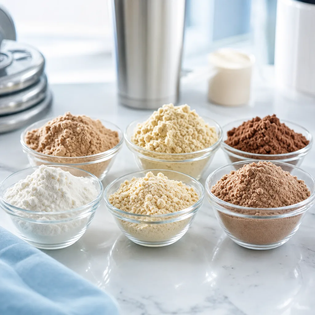 Small glass bowls with different protein powders in various shades arranged on a kitchen counter