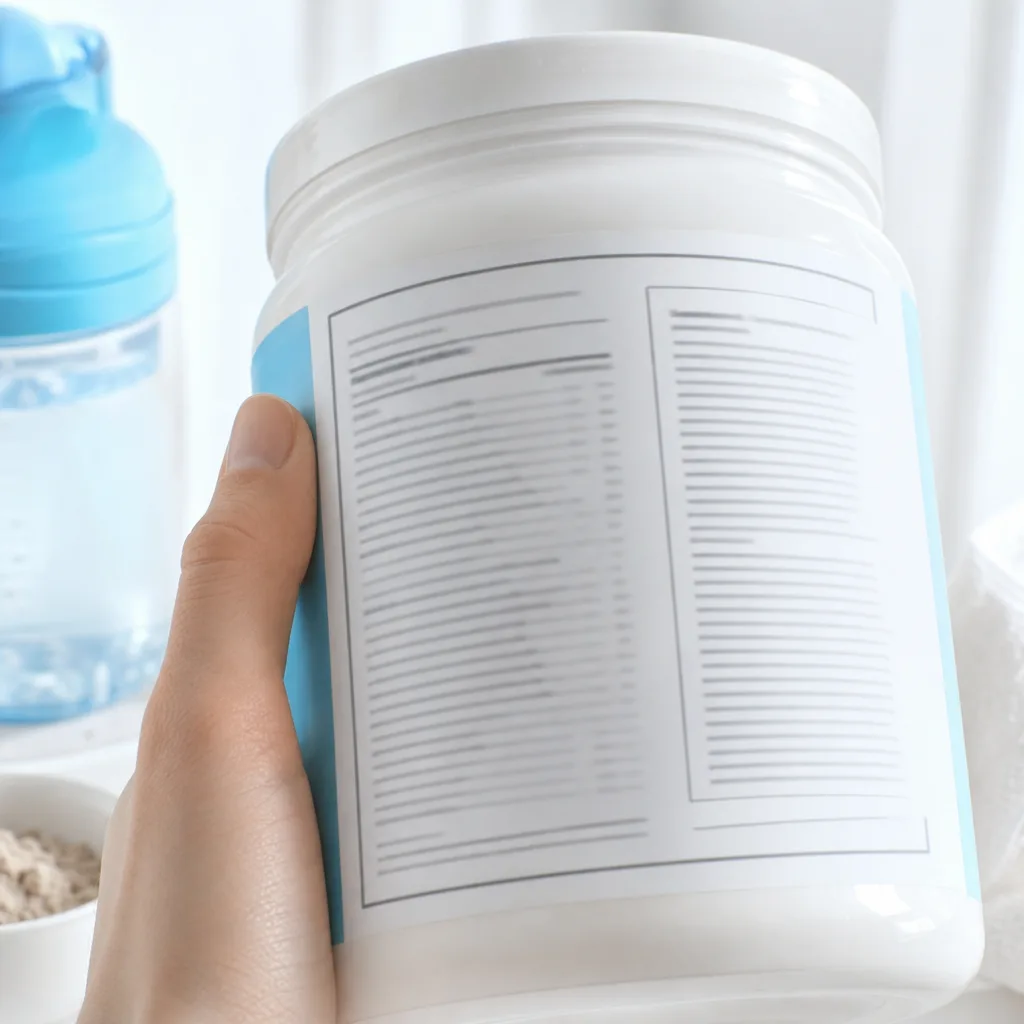 Close up of an ingredient list on a protein powder package label, held in hand, soft indoor light