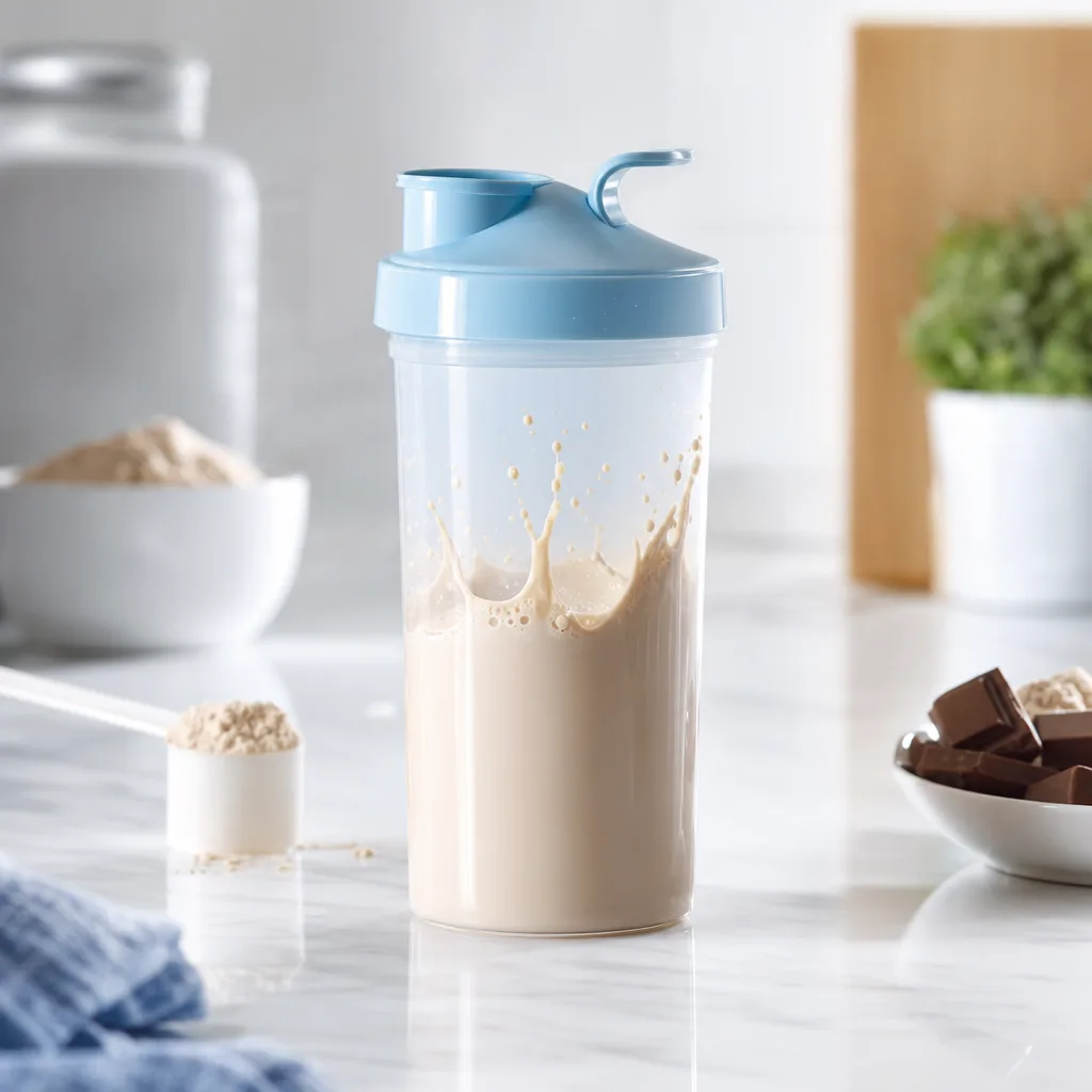 Shaker bottle with protein shake being mixed, small splashes visible, neutral kitchen background