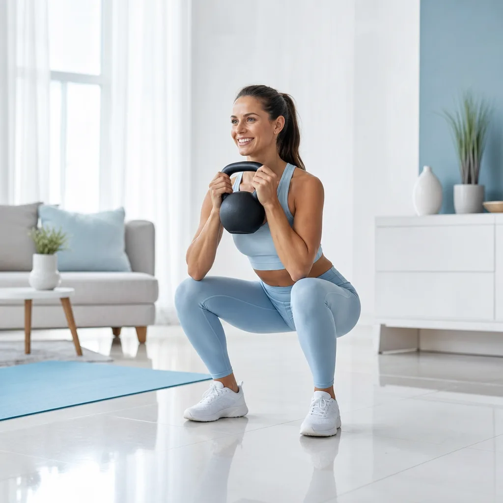 Athletic smiling woman in light blue sportswear doing a goblet squat with a kettlebell in a bright living room