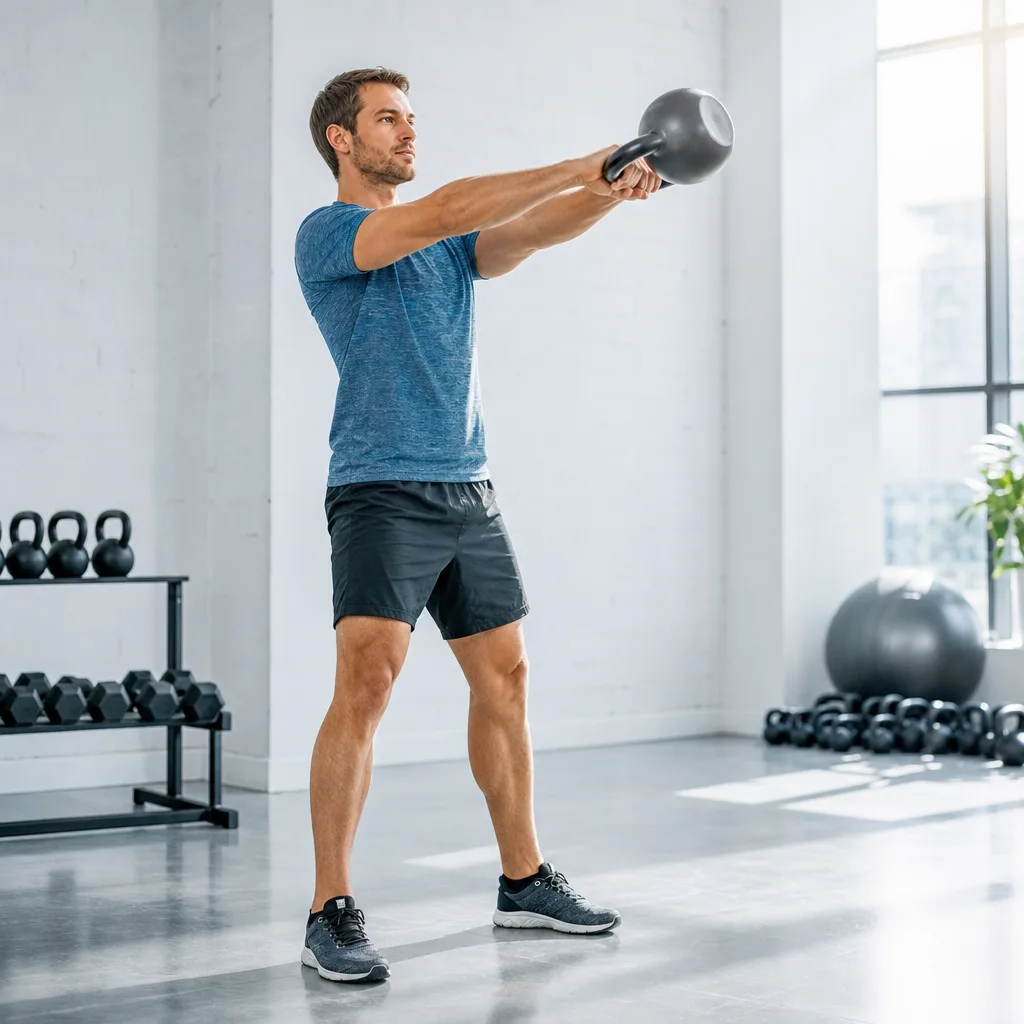 Fit man in sportswear performing a kettlebell swing in a bright gym with natural light