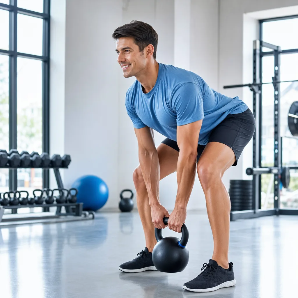 Smiling man performing a kettlebell deadlift with correct straight back posture in a bright gym