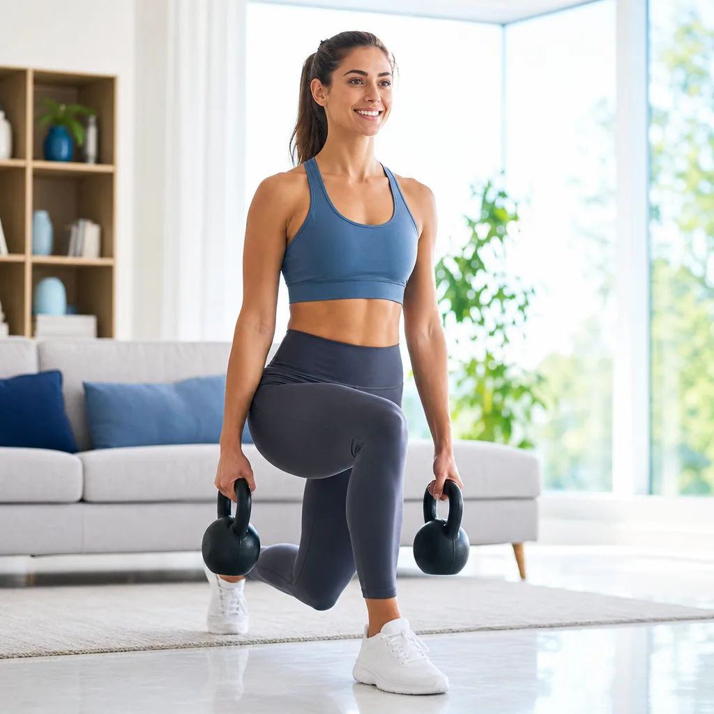Smiling woman doing a lunge with a kettlebell in each hand in a bright living room