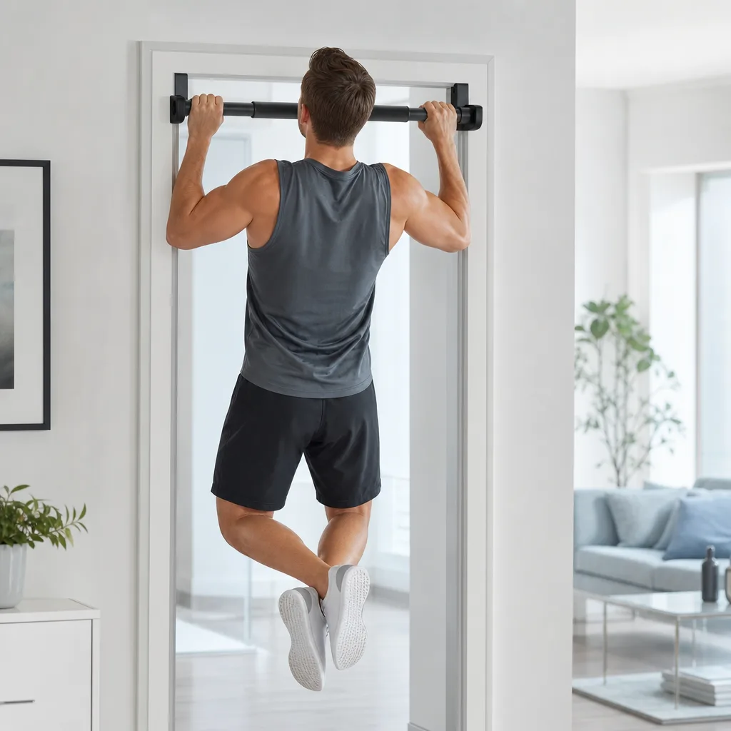 Athletic man in sportswear doing a pull up on a doorway pull up bar in a bright room