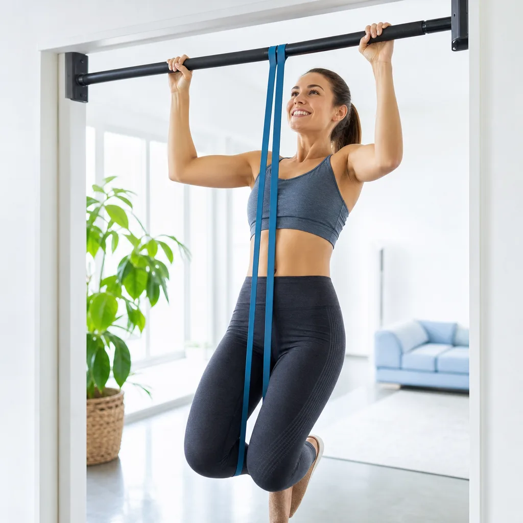 Smiling woman in workout clothes using a resistance band assisted pull up at a home pull up bar