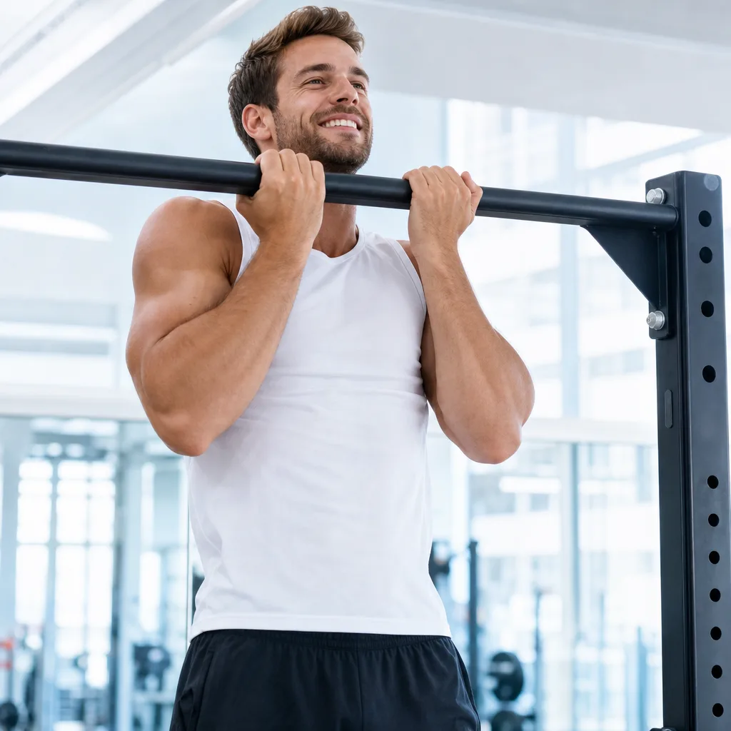 Smiling man performing a chin up with an underhand grip on a pull up bar in a bright gym