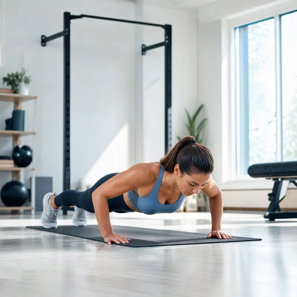 Athletic woman doing a push up on a mat in a bright home gym with a pull up bar in the background