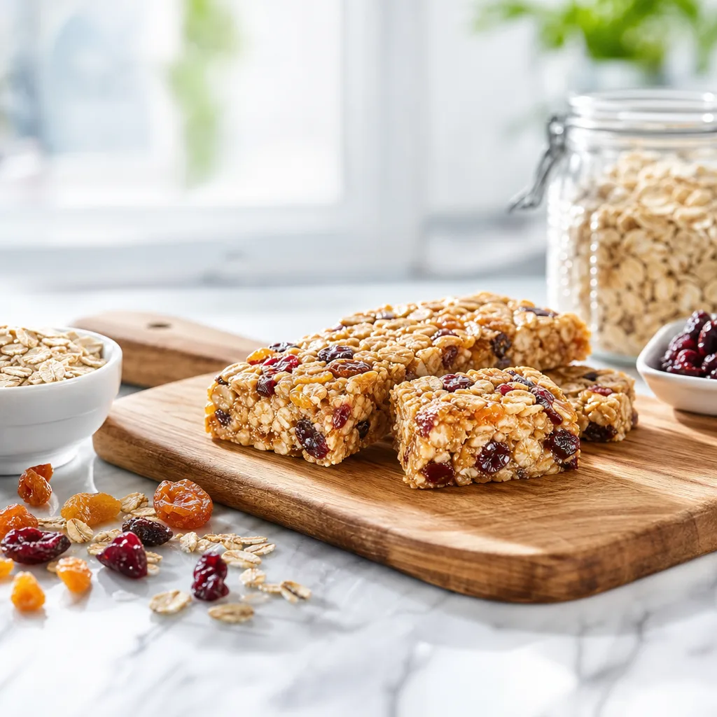 oat and dried fruit energy bar sliced into pieces on a wooden board