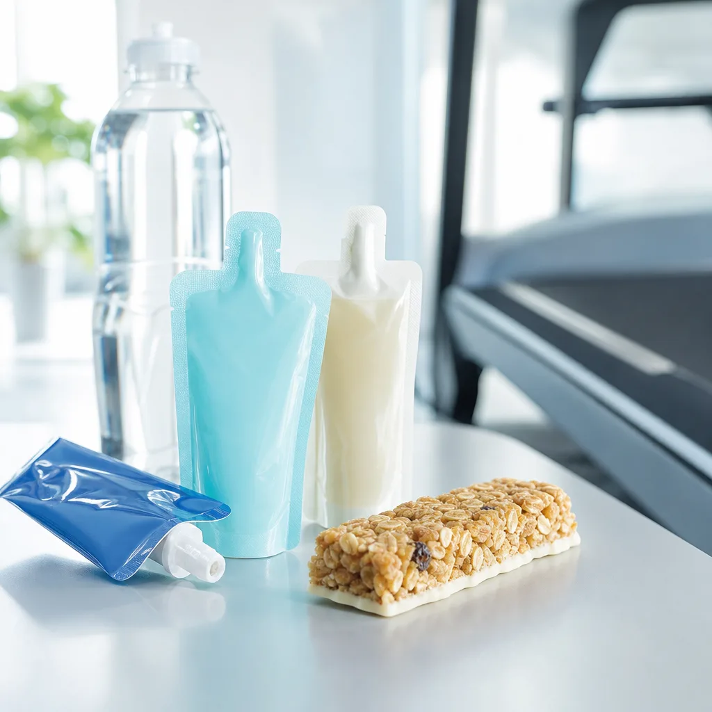 energy gel sachets and an oat bar arranged next to a running belt on a table