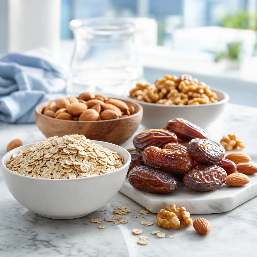 close-up of oats, dried dates and nuts on a kitchen counter, natural light