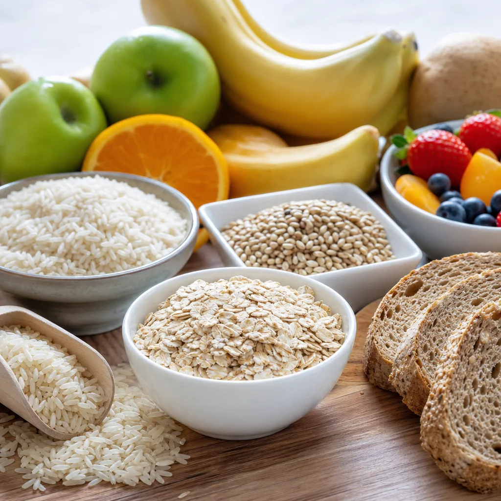 flat lay of oats, rice, bread and fruit on a wooden table, overhead light