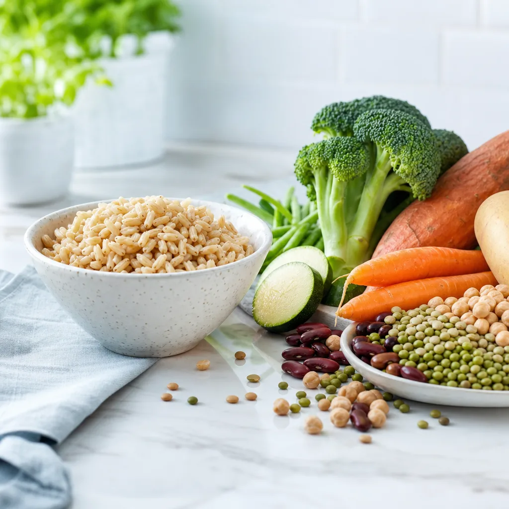 bowl of cooked brown rice next to vegetables and legumes on a countertop