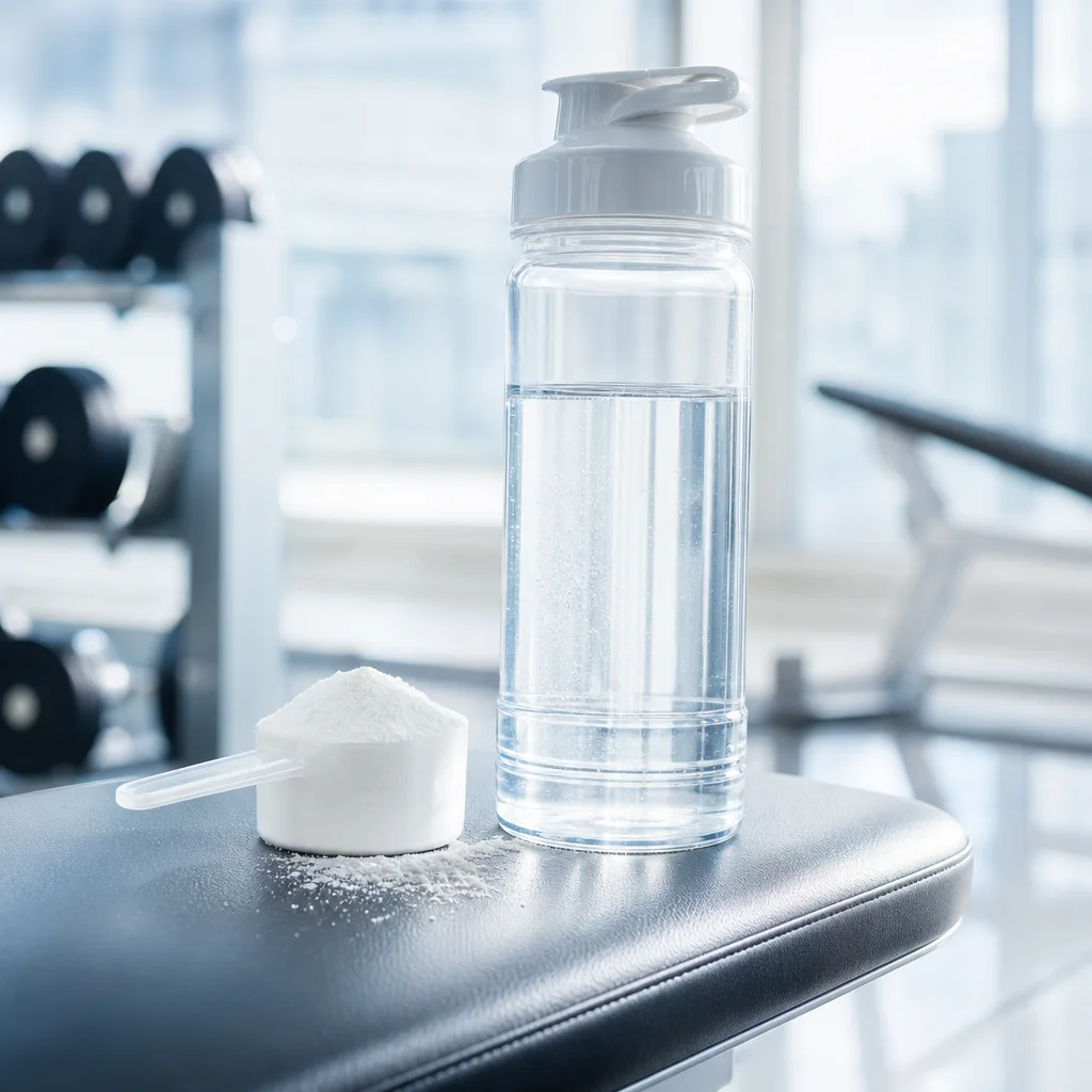 clear sports drink bottle and a small scoop of white maltodextrin powder on a gym bench