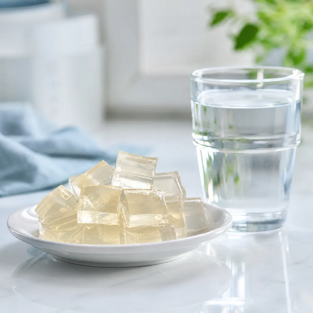 clear gelatin cubes on a small plate next to a glass of water, minimal kitchen setting