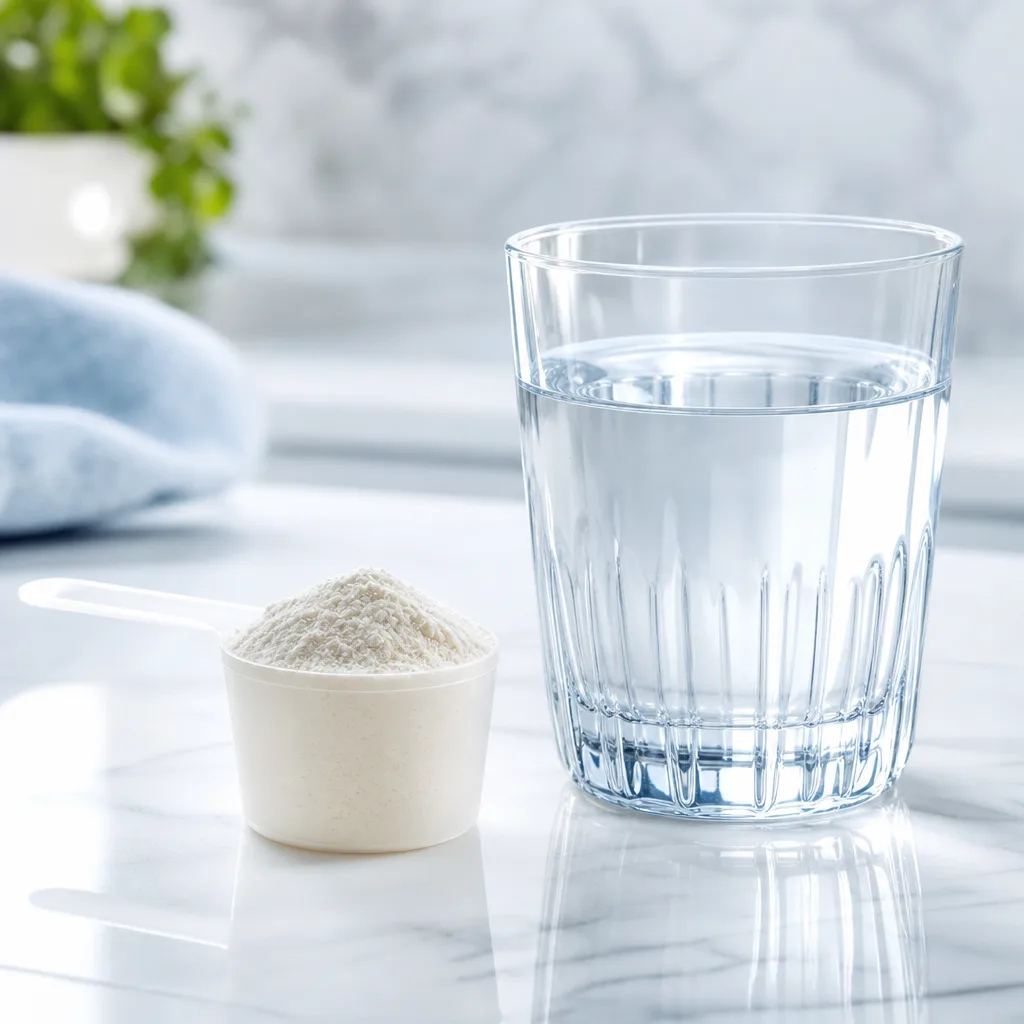 small scoop of collagen powder beside a glass of water on a light countertop