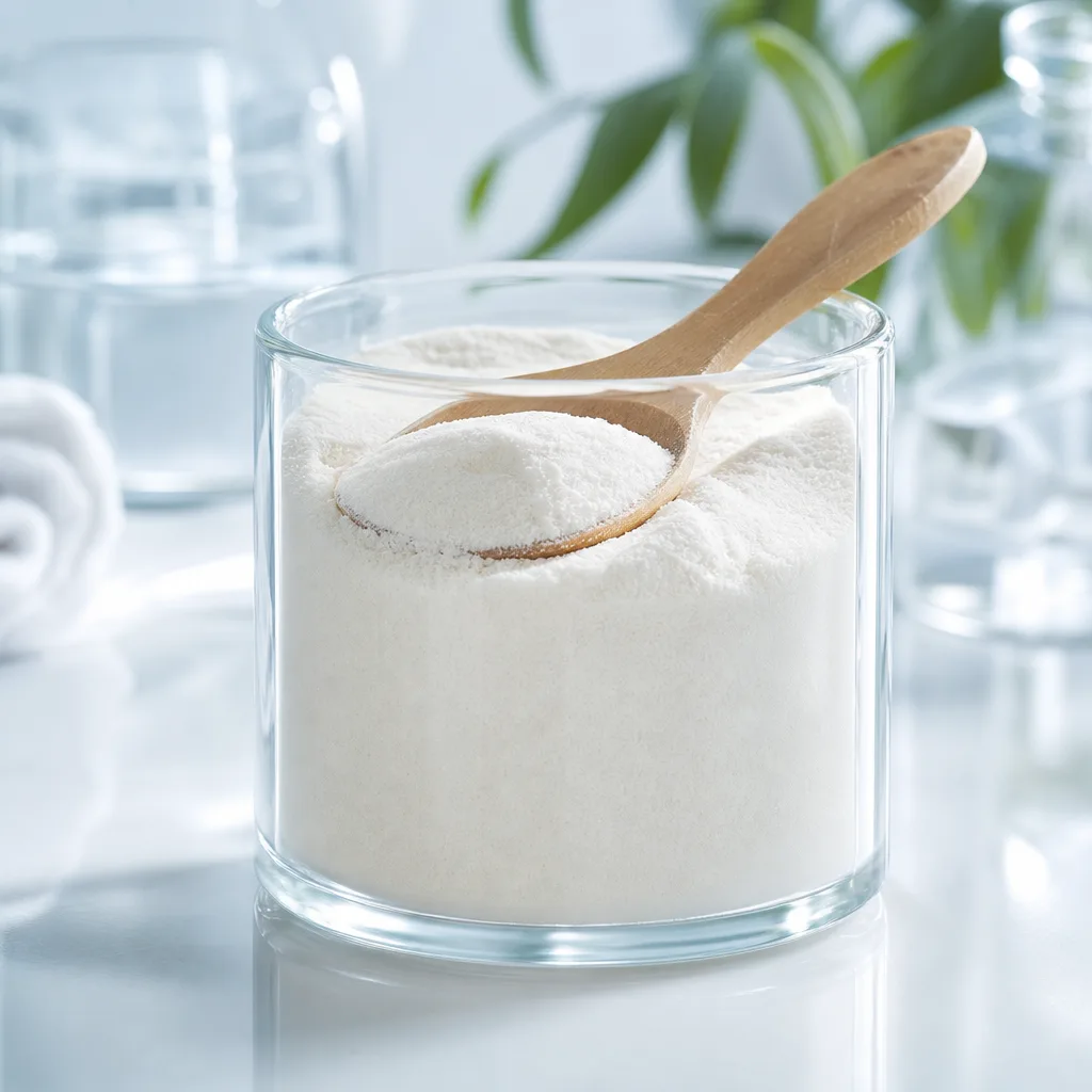 glass jar of collagen peptide powder with a wooden spoon, neutral background