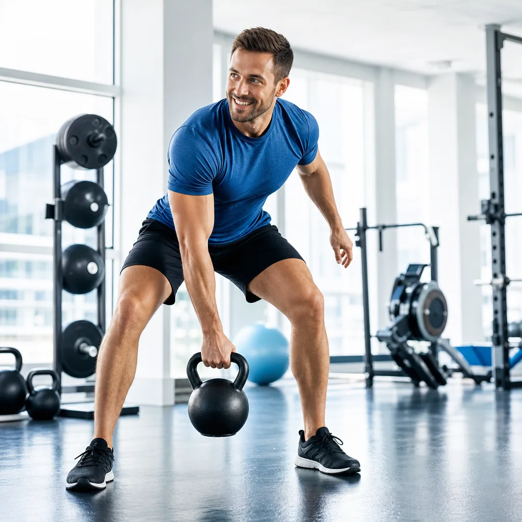 Smiling man doing a circuit training exercise with a kettlebell in a bright gym with daylight
