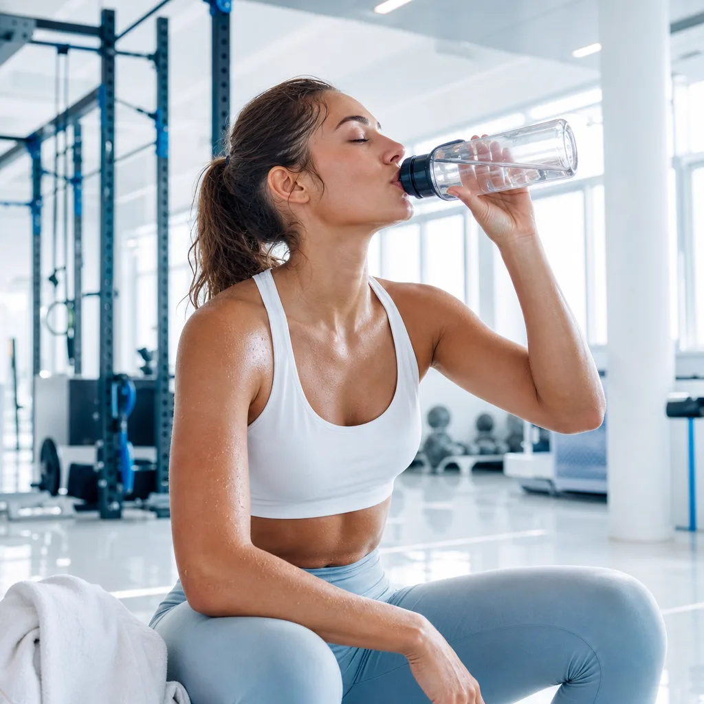 Woman drinking water from a bottle after a circuit training session in a bright gym