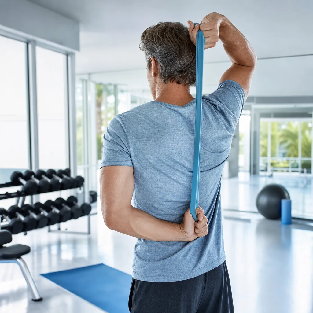 Man in his forties stretching with a resistance band in a bright home gym before training