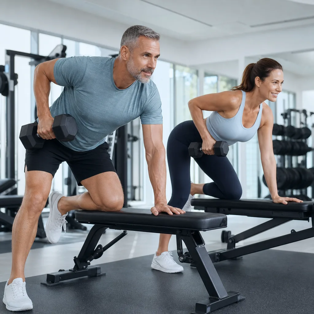 Athletic man and woman in their forties doing dumbbell rows together in a bright gym