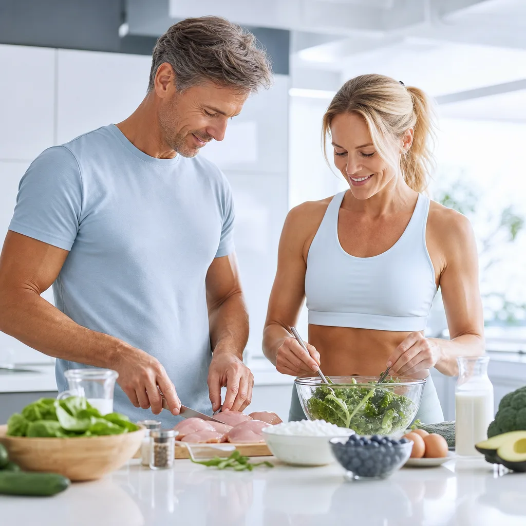 Man and woman in their forties preparing a protein rich meal together in a bright kitchen