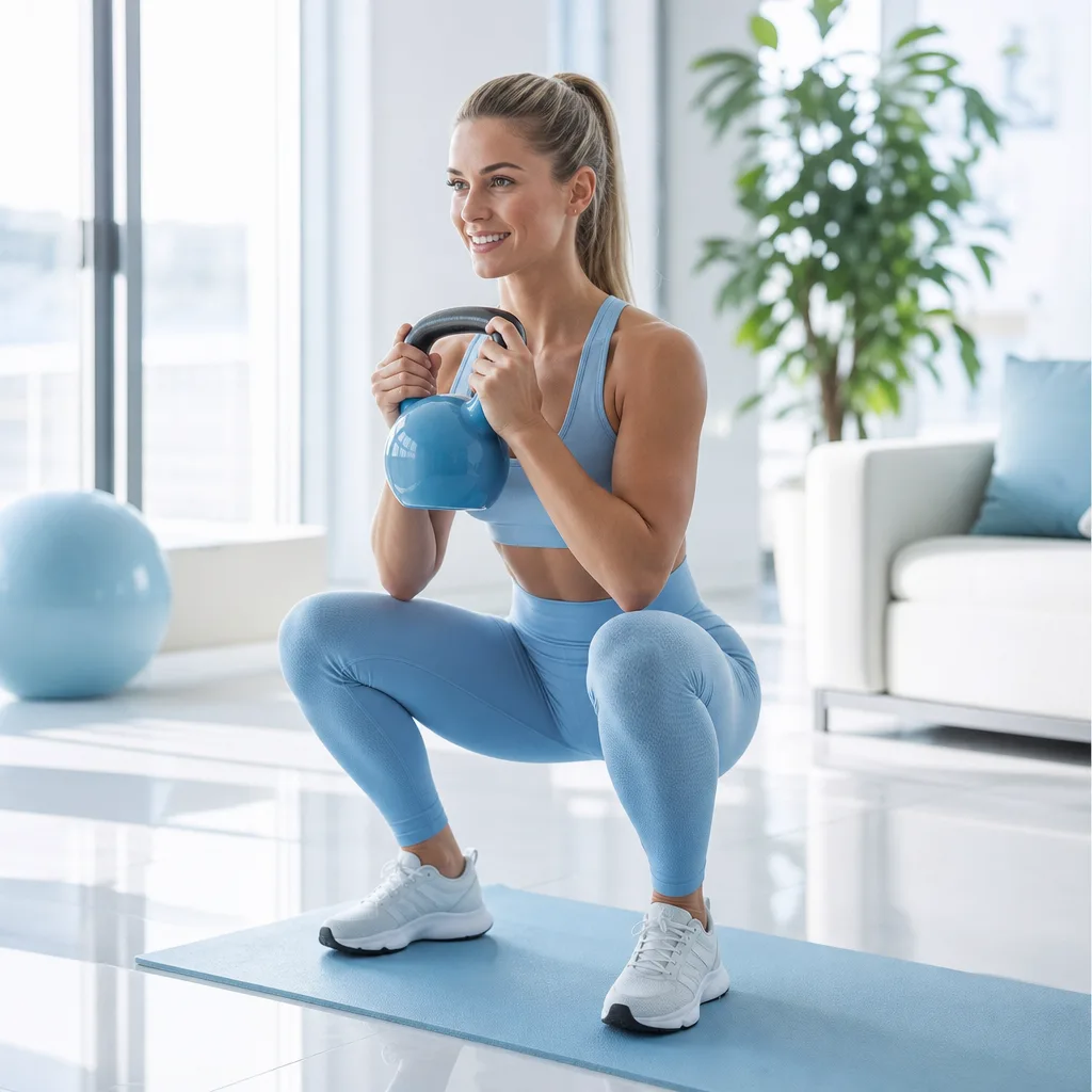 Athletic smiling woman in light blue sportswear doing a goblet squat with a kettlebell in a bright living room
