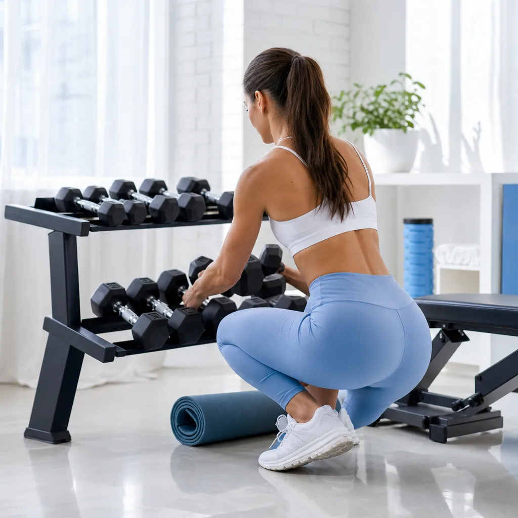 Woman organizing dumbbells and a yoga mat in a bright home gym corner